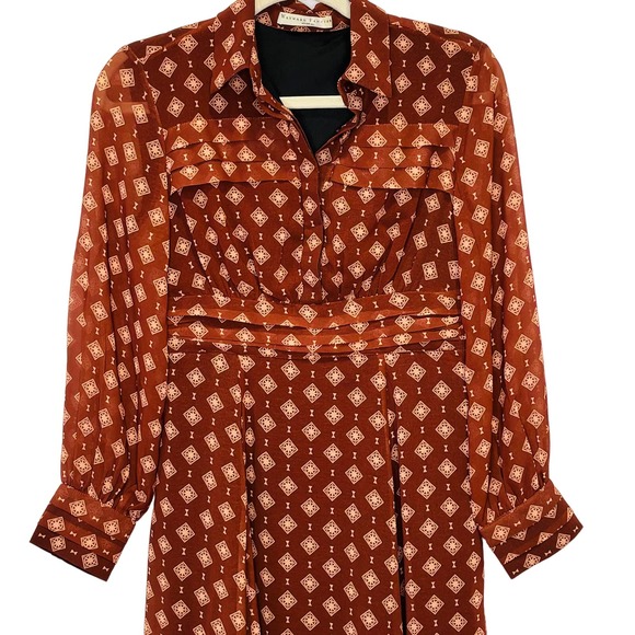 Wayward Fancies eShkti Pleat Waist Geo Georgette Dress Deep Brown Size XS (2) - Picture 5 of 13